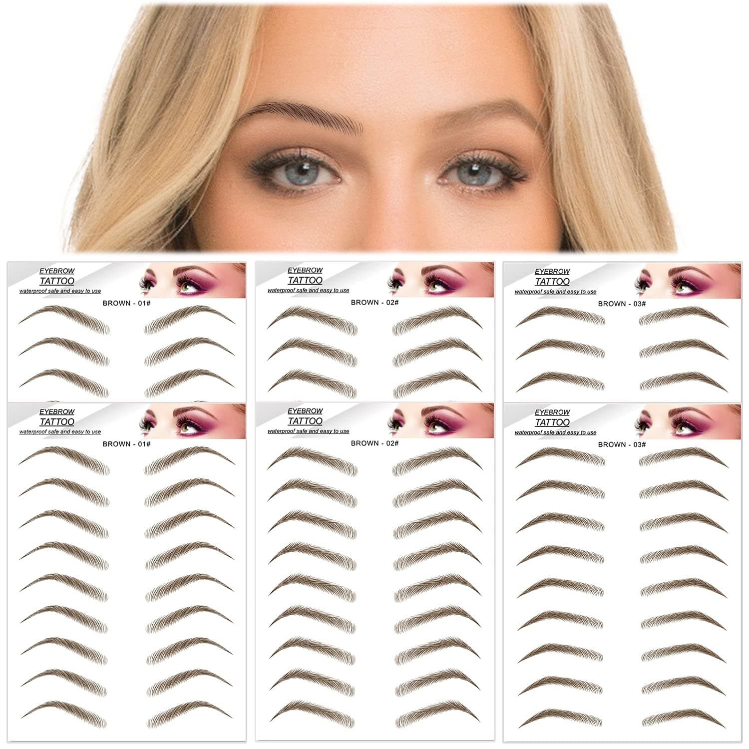 6 Sheets Eyebrow Tattoo Stickers 6D Realistic Stick-On Eyebrow Stencil Shape Waterproof Transfer Eyebrow Decal Quick Makeup Tool (Brown)