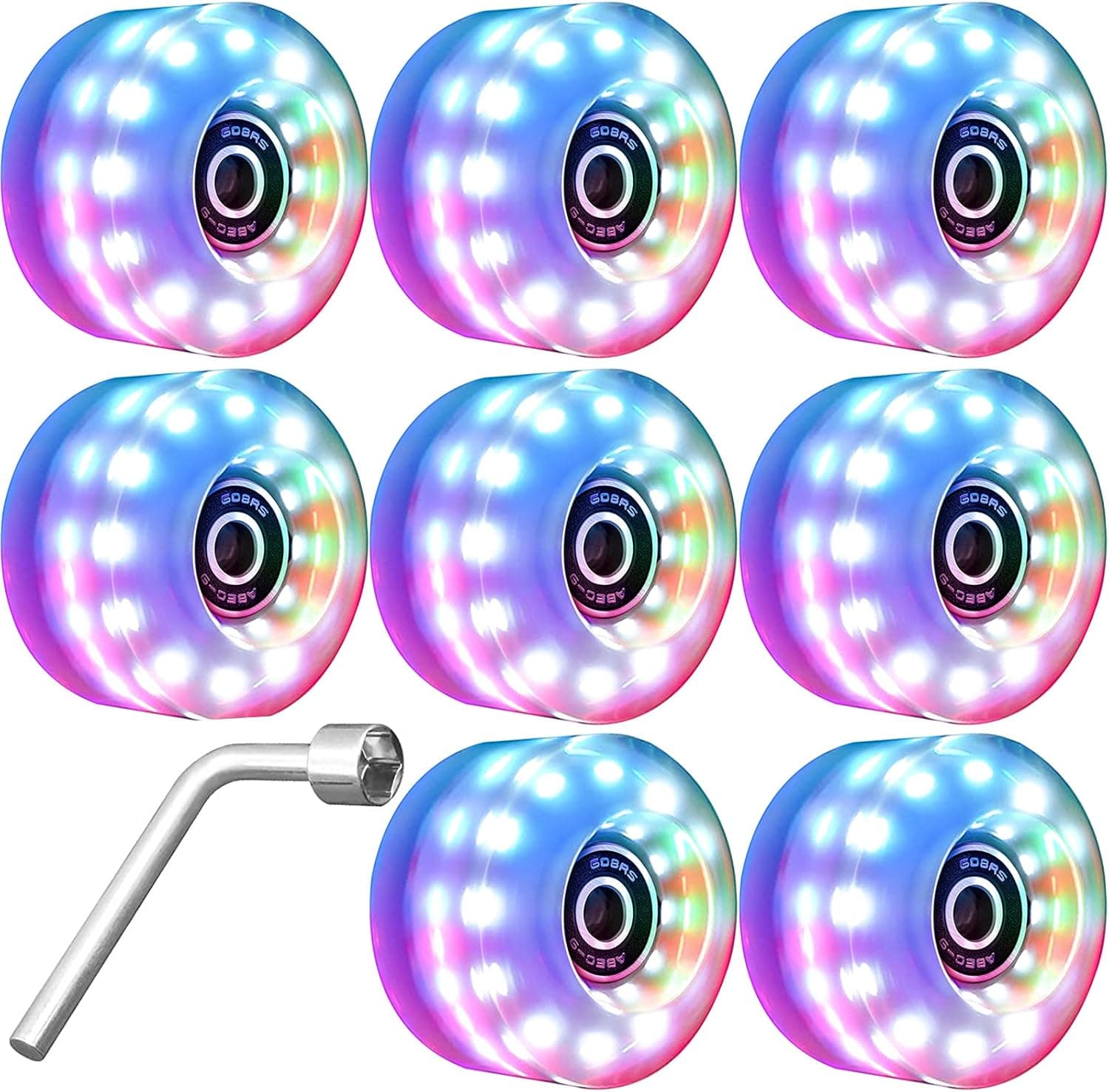 SIKEMAY 8 Pack Light Up and Luminous Quad Roller Skate Wheels with ABEC-9 Bearings,Durable Wear-Resistant-Well Rebound Wheels for Indoor or Outdoor Double Row Skating and Skateboard 32mm x 58mm