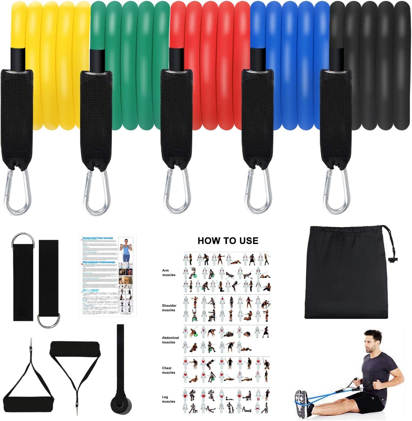 Resistance Bands Set,Exercise Bands Stackable Workout Bands with Door Anchor,Handles,Legs Ankle Straps for Exercise Stretch Fitness, Arms Booty Bands Training, Physical Therapy,Home Workouts,Yoga
