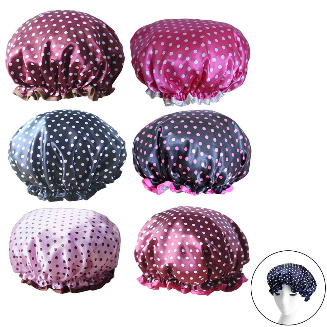 6Pcs Assorted Satin Shower Caps, Creatiee Waterproof Elastic Band Bath Cap Bathing Hair Cap Kitchen Cap with Double Layer for Adults(Dots Style)