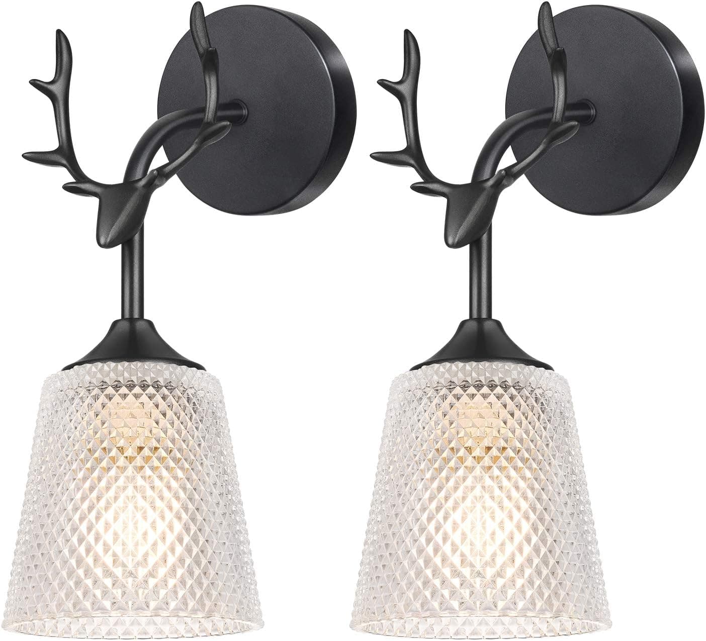 SunRider Wall Sconces 2-Pack, Industrial Bathroom Vanity Light Fixtures Black Sconces Wall Lighting Farmhouse Lighting Vintage Deer Head Antler Wall Mount Lights with Glass Shade Bedroom Wall Lamp