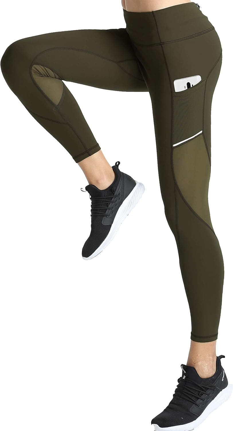 slimour Women Mesh Leggings with Pockets Running Pants High Waist Compression Workout Gym Green 8