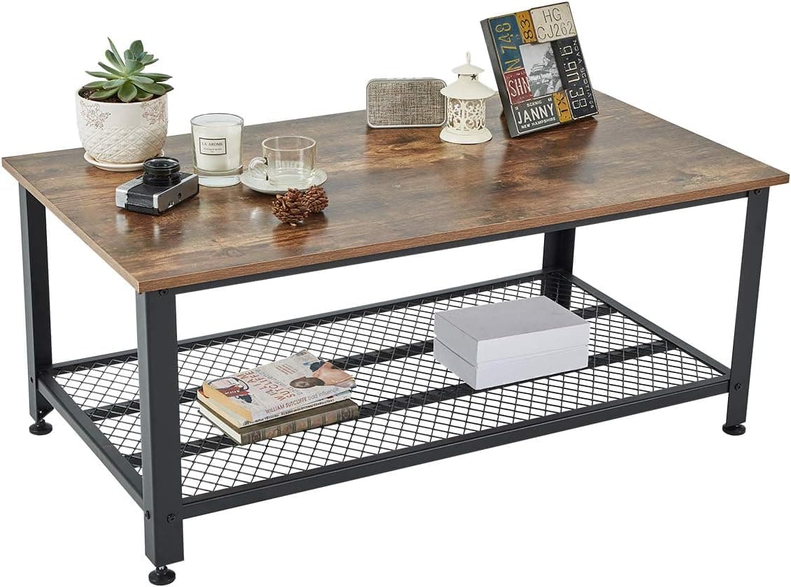 YOLENY Coffee Table, Industrial Coffee Table for Living Room, Living Room Table with Storage Shelf and Metal Frame, Easy Assembly