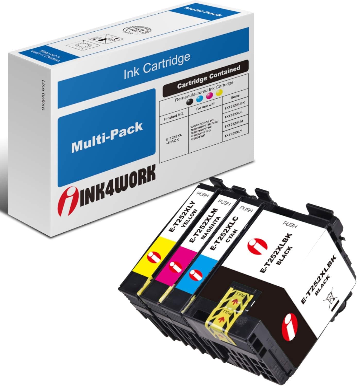 INK4WORK 4 Pack Remanufactured Ink Cartridge Replacement For Epson 252XL 252 XL T252XL Workforce WF-3640 WF-3620 WF-7110 WF-7210 WF-7610 WF-7620 WF-7710 WF-7720