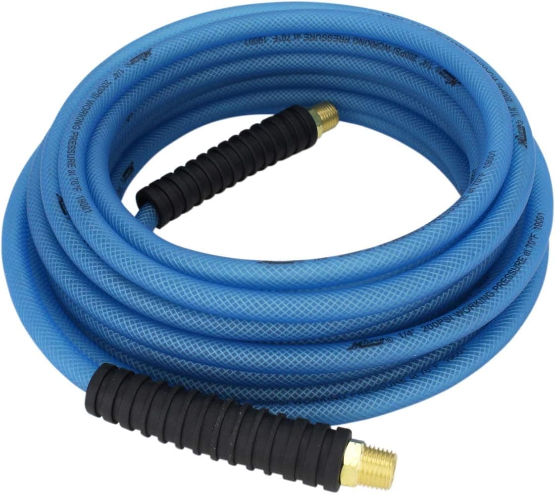 Milton (1623-2) FLEX HOSE Reinforced Polyurethane Air Hose 25 ft. x 1/4” ID, 200 PSI, Lightweight Hybrid Air Compressor Hose w/ ¼” MNPT brass fitting, Cold Weather Flexible, Bend Restrictor – Blue