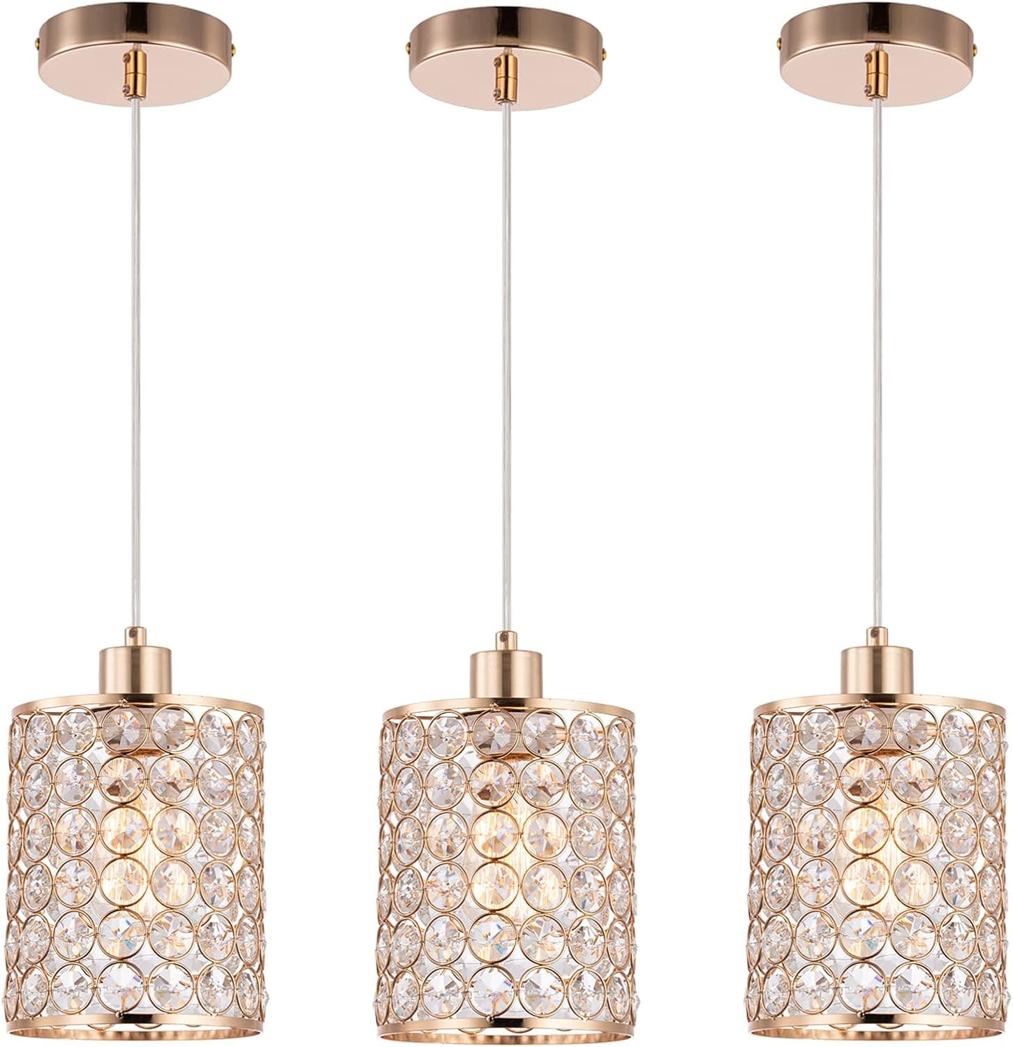 Cuaulans Gold Crystal Pendant Light, 3 Pack Kitchen Island Lighting, Modern Adjustable Bar Lights Hanging Fixture for Kitchen Dining Room Bedroom Bar