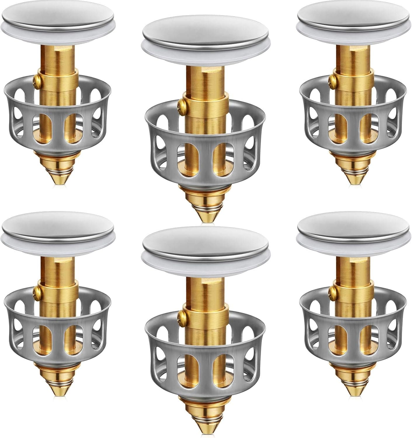 6 Pieces Universal Wash Basin Bounce Drain Filter Popup Bathroom Drain Filter Brass Drain Plug with Basket Push Type Bounce Core Universal Size Sink Drain Stopper Shower Drain Filter