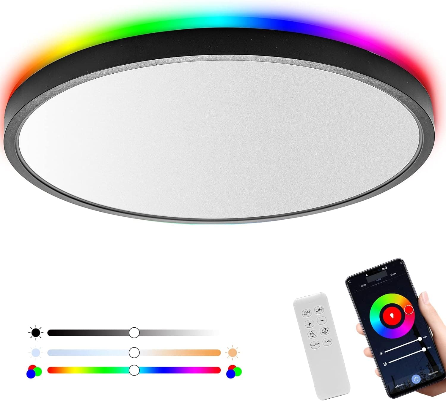 Roomratv 12Inch Smart Ceiling Light, Alexa Ceiling Light with Remote Control, RGB Color Changeable, Black Flush Mount Ceiling Light with App Control,20W+4W, Input 120V