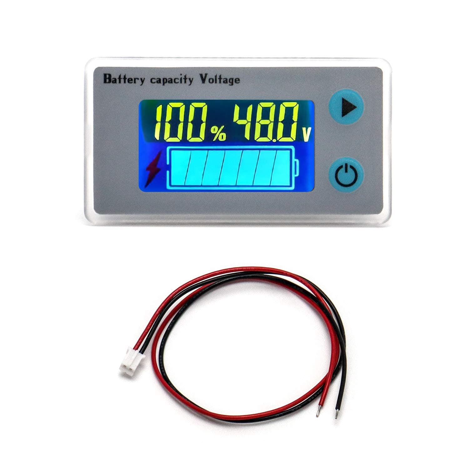 QWORK 10-100V Battery Capacity Monitor Gauge Meter with 30cm(11.8”) Cable + Instruction Manuel, 12V 24V 36V 48V 60V 72VAcid Lead Lithium Polymer Digital Battery Capacity Voltage Temperature Monitor