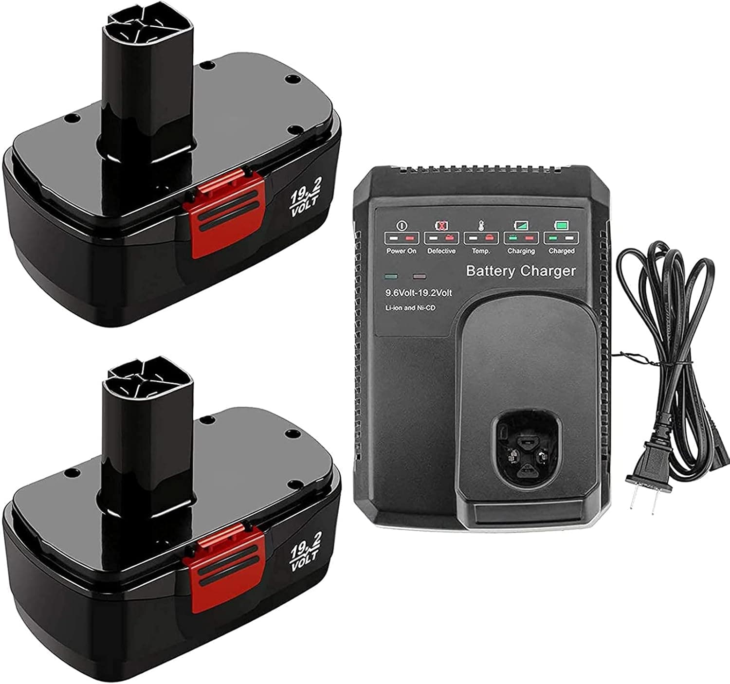 2Packs 19.2 Volt Replacement for Craftsman 19.2V Battery Ni-Cad C3 DieHard 130279005 130279003 130279017 and Battery Charger for Craftsman 9.6V-19.2 Volt Lithium-ion & Ni-Cad & Ni-MH Battery