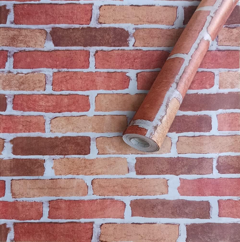 Removable Brick Wallpaper Peel and Stick, Halloween House Decoration Self Adhesive Contact Paper Bedroom Kitchen Backsplash Christmas Fireplace Vintage Wall Covering 17.7x394 Inch Red, Brown, Tan