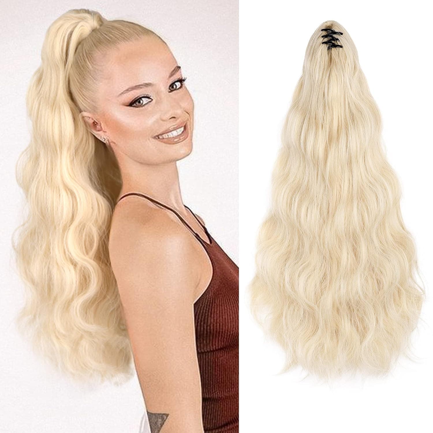 Ponytail Extensions Claw Clip, LONAI 16" Lightweight Invisible Mini Claw Clip-in Wavy Hairpiece for Women Synthetic Pony Tail-Pale Blonde