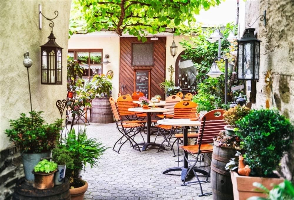 Leowefowa Europe Town Cafe Backdrop 10x8ft Vinyl Photography Backgroud Village Restaurant Front Door Rustic Cafe Old Lantern Green Tree Branch Green Plants Round Table Chairs Rural House