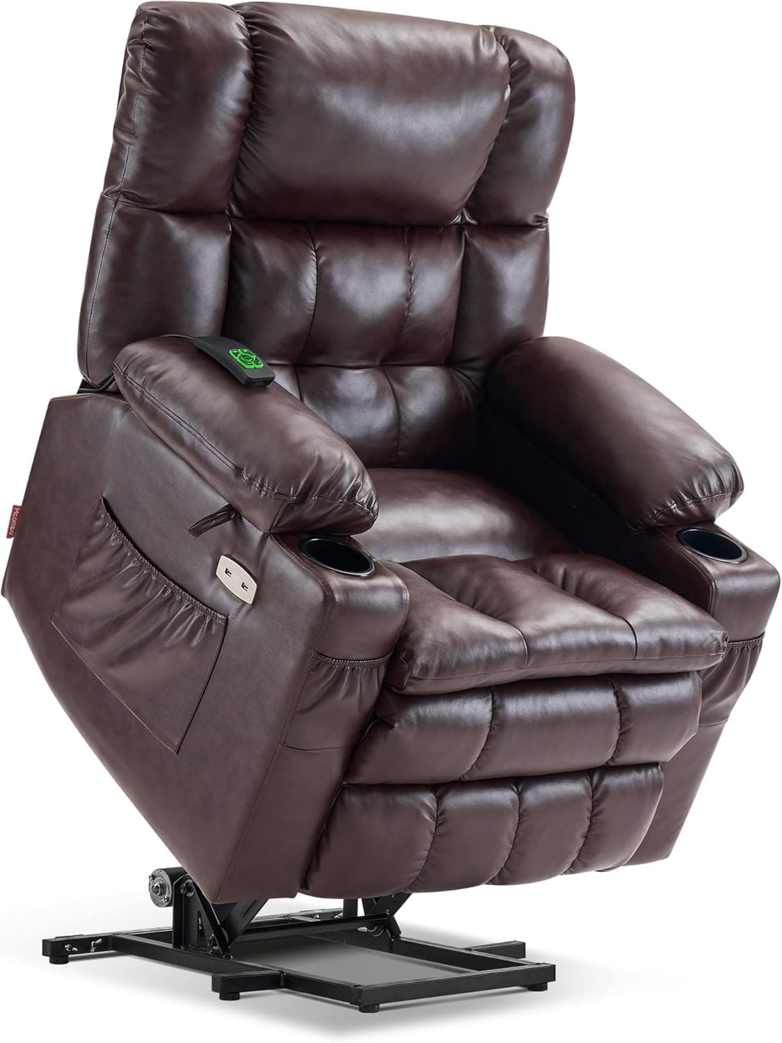 MCombo Dual Motor Power Lift Recliner Chair with Massage and Heat for Elderly People, Infinite Position, USB Ports, Cup Holders, Extended Footrest, Faux Leather 7890 (Dark Brown, Medium)