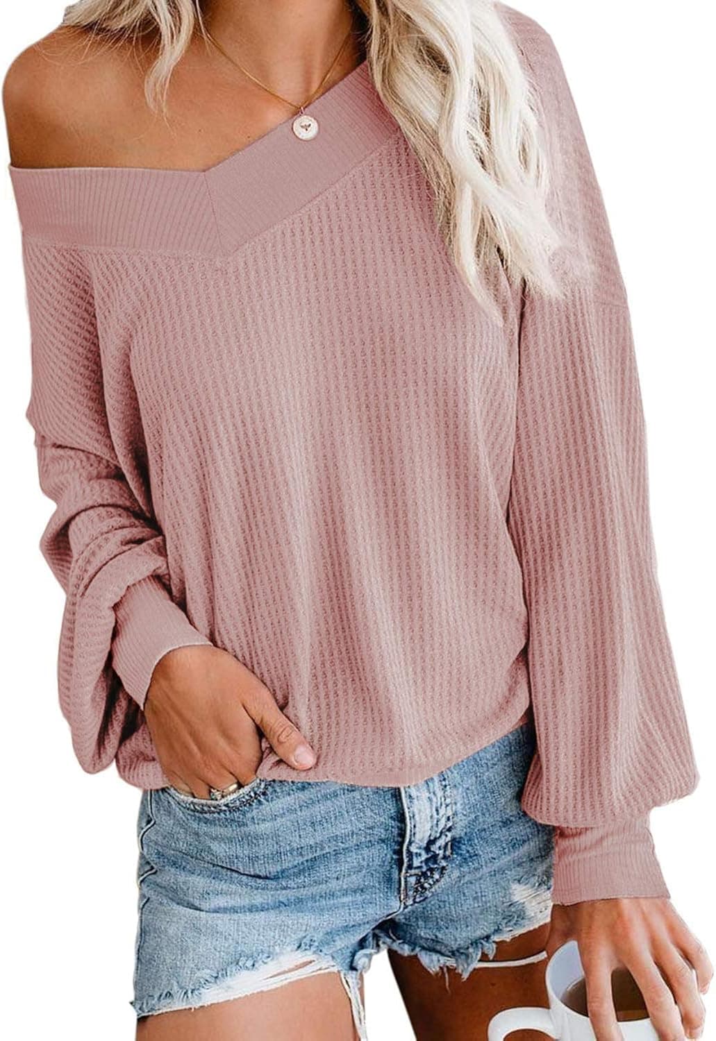 Aifer Women's V Neck Pullover Off Shoulder Long Sleeve Sweater Casual Waffle Knit Tops (Pink, Medium)