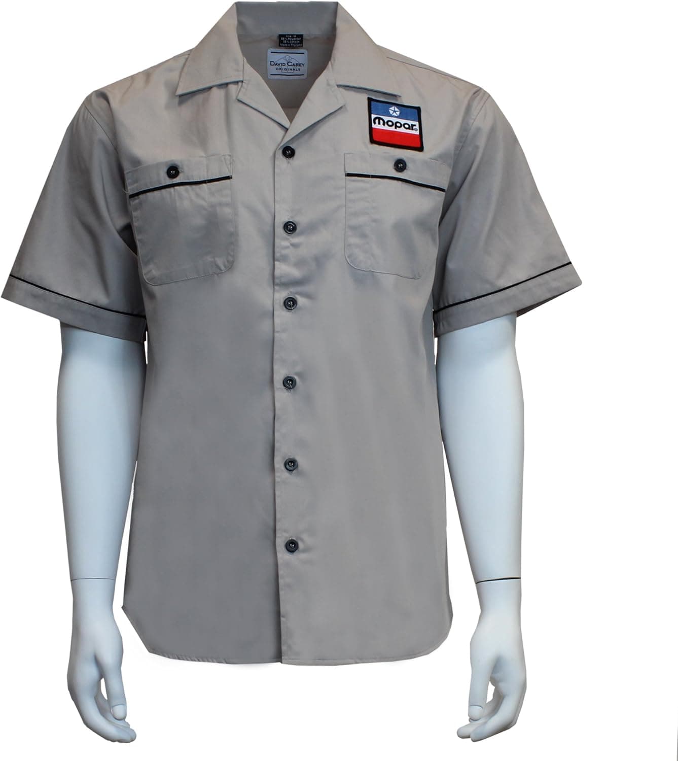 David Carey Mopar 1972 Work Shirt – Khaki – Button Up Collared Short Sleeve Mechanic Camp Shirt with Logo Patches