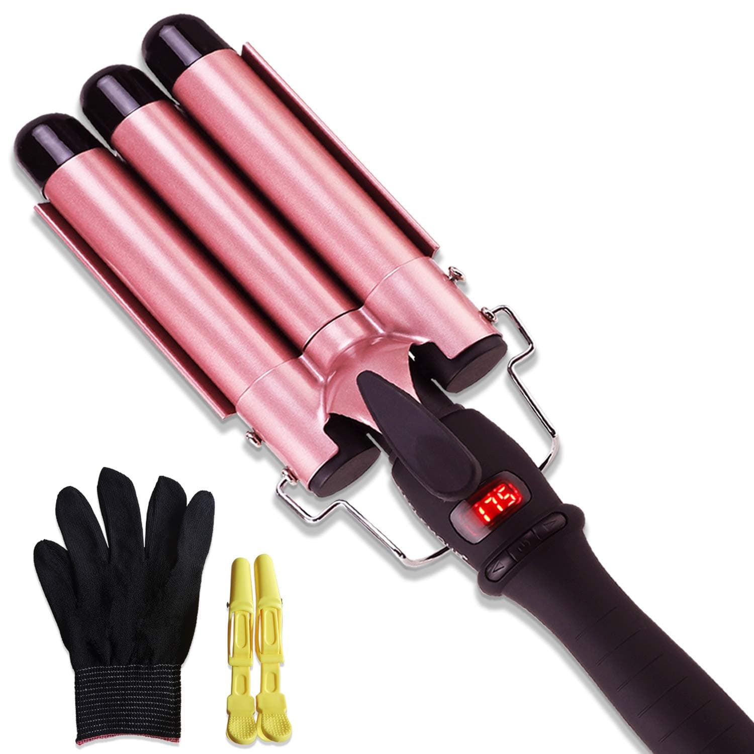 Efflemour 3 Barrels Curling Iron Wand with 12 Gears LCD Temperature Display, 1 Inch Ceramic Tourmaline Hair Curler Waving Styling Tool with Heat-Insulated Glove and Hairpins (Dual Voltage)