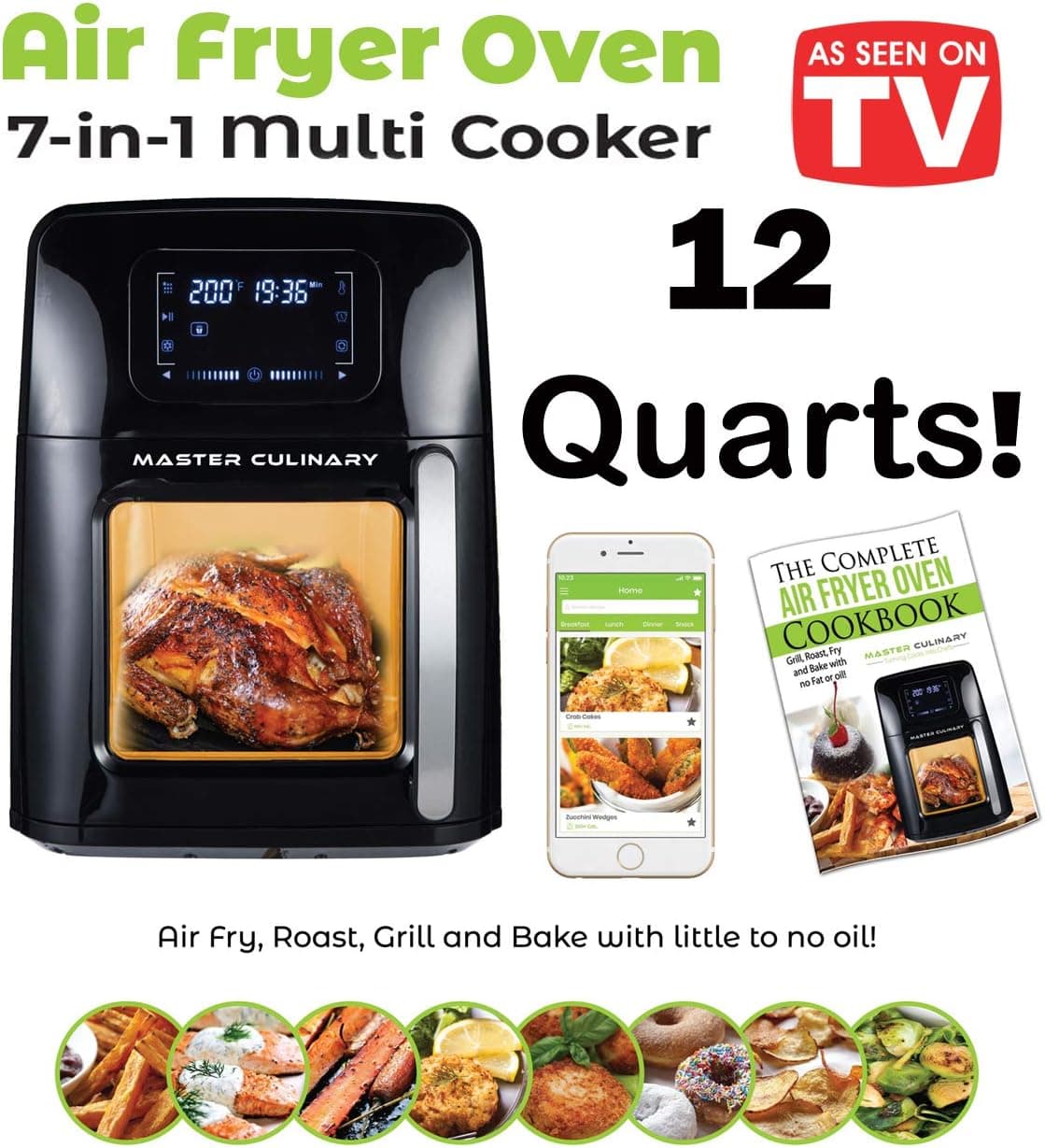 Master Culinary Air Fryer Oven | 12 QT XL Family Size | 7 in 1 Multi Cooker | FDA Approved | Free Mobile App and Recipe Book Included | Rapid Air Technology | Digital Display, Slick Design, Ultra Quiet, 12 Preset Programs, 1700W, 1 Year Warranty | VOTED AS THE BEST IN THE MARKET FOR 2018 | Like Seen On TV
