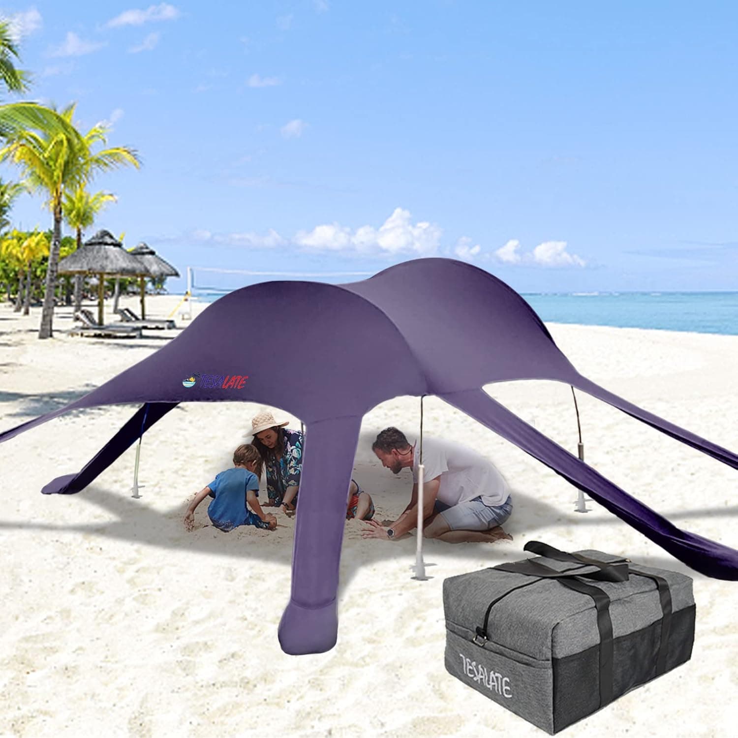 TESALATE Adjustable Thicken 4 Aluminum Poles 6 Anchors Portable Beach Tent Sun Shade Sail Shelter Pop Up Canopy Windproof UV Protection Tents Toldo Carpas para Playa Tarp 10x10 FT Navy