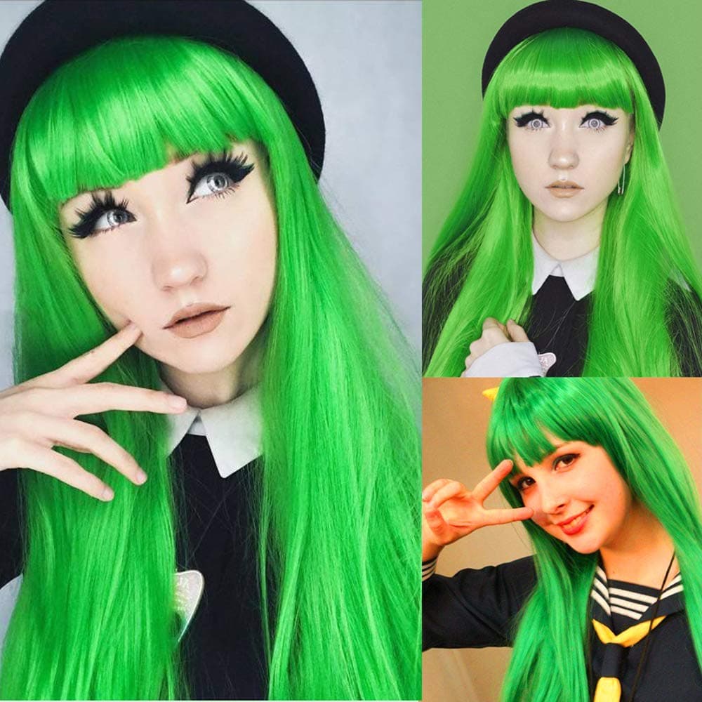 RONGDUOYI RDY 24inches New Green Wigs with Bangs for Women Silky Straight Green Wig Heat Resistant Synthetic Wig with Elastic Cap Daily Wear Cosplay Wigs,150% Density