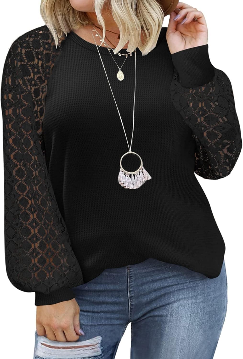 Eytino Womens Plus Size Tops Lace Short Long Sleeve V/Crew Neck Casual Loose Blouses T Shirts(1X-5X)