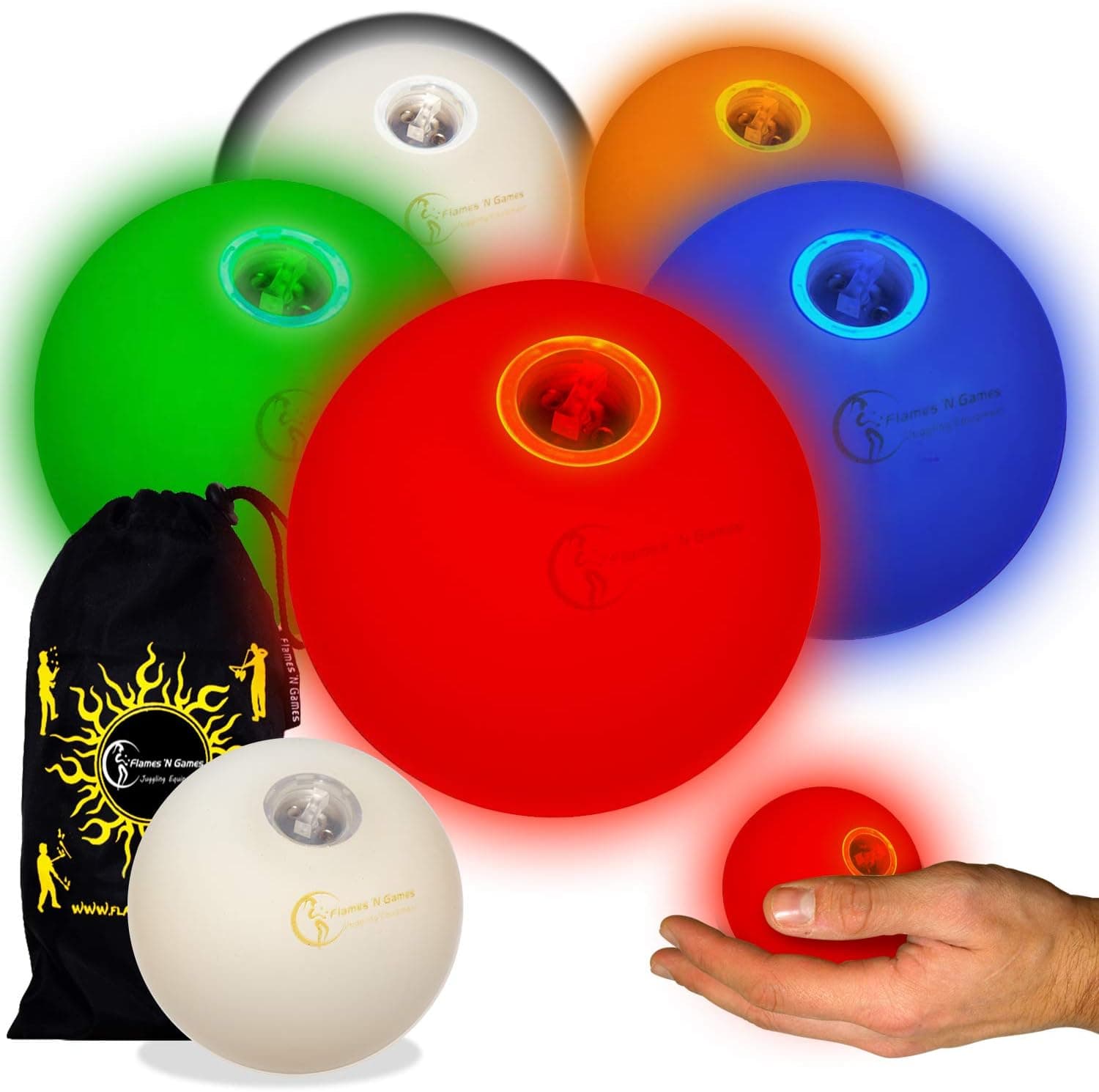 5X Pro LED Glow Juggling Balls - Ultra-Bright - Mix Colors- Battery Powered Glow LED Juggling Ball Set of 5 with Drawstring Travel Bag!