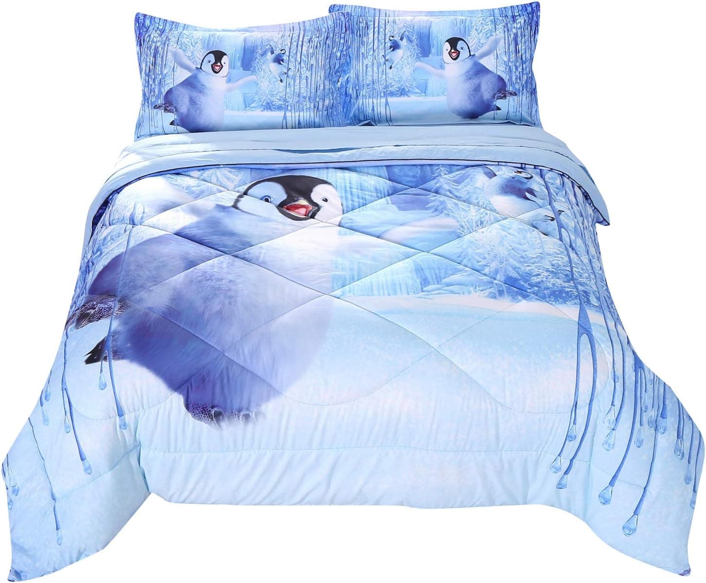 Wowelife 3D Penguin Comforter Set Queen Penguin Playing in 5 Piece Snow Bed Set with Comforter, Flat Sheet, Fitted Sheet and 2 Pillow Cases for Teens Adult(White Penguin, Queen)
