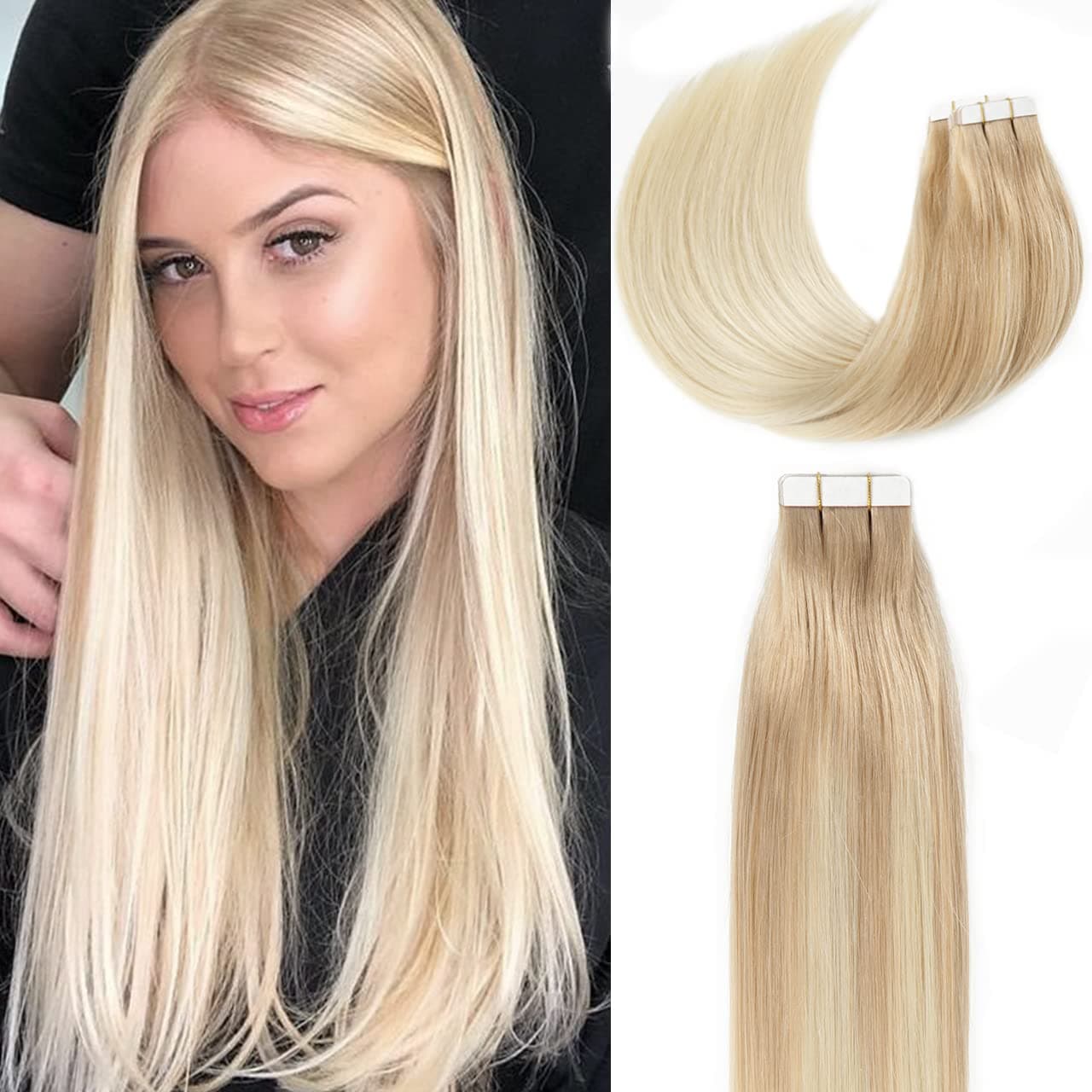 Lacer Tape in Hair Extensions Human Hair Straight Balayage Light Ash Blonde to Platinum Blonde PU Double Weft Tape in Real Human Hair Extensions 20 Inches 50grams