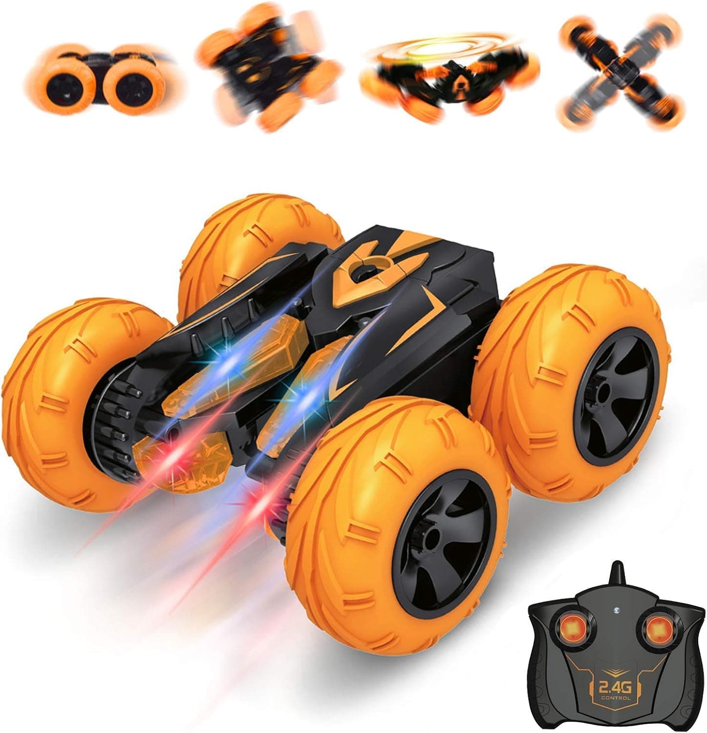 Remote Control Car for Kids, VAZILLIO Tornado RC Stunt Car Toy, Double Sided 360° Rotate, Spin, Flip Stunt RC Cars High Speed Racing Car with Headlights, Stunt RC Crawler for Boys & Girls (Orange)
