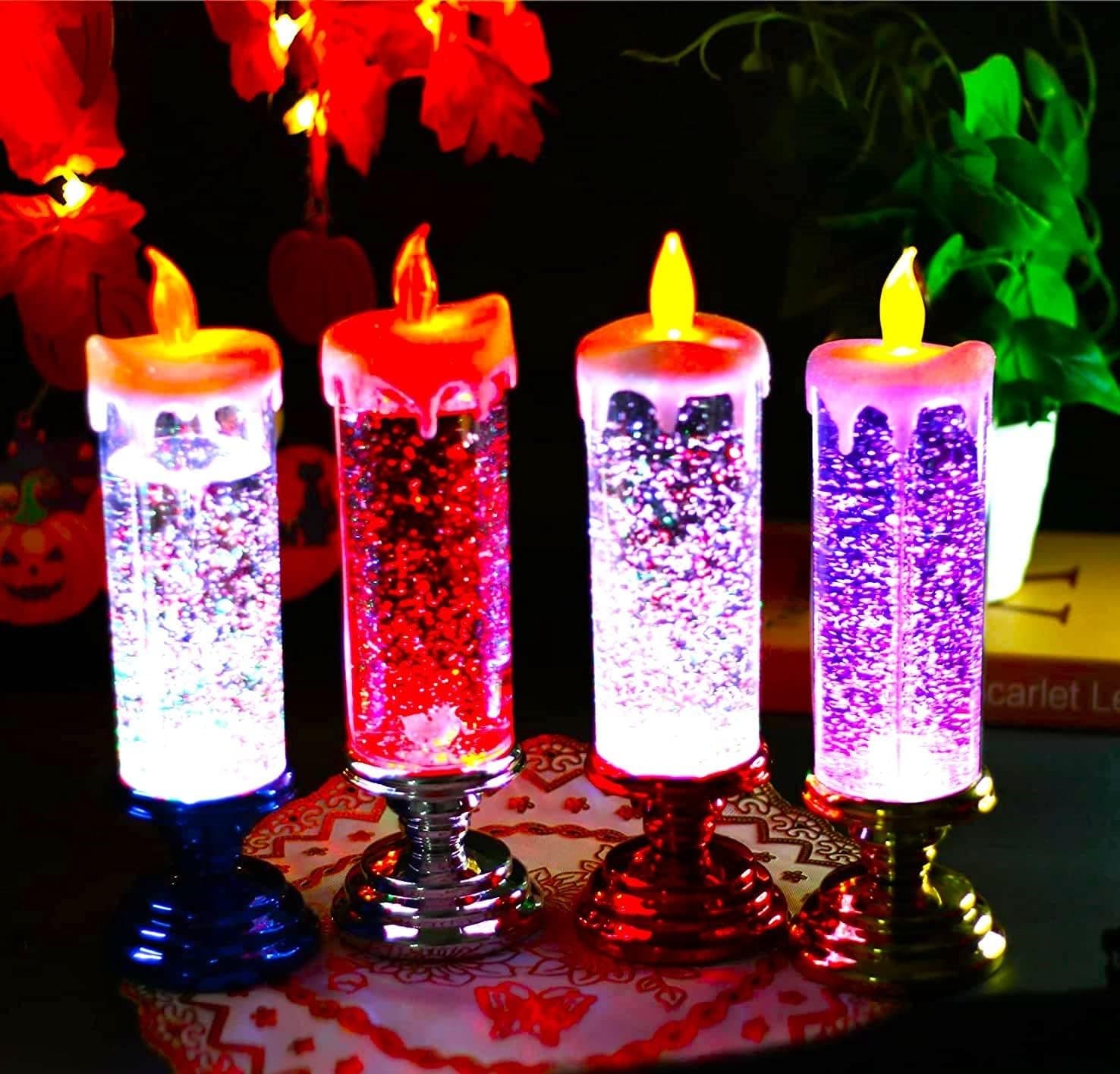 LED Magic Candle Light For Home Decor, 7 Colors Automatic Changing USB Rechargeable Waterproof Swirling Glitter Flameless Candle Lights LED Spinning Flash Decorations with Pedestal (Gold)