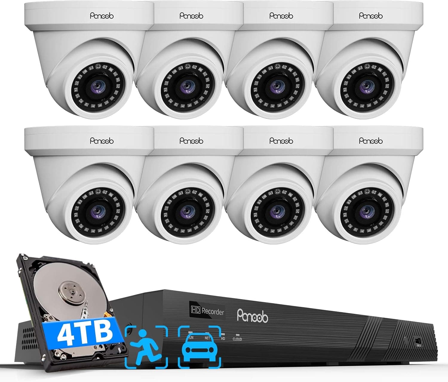PANOOB 8 Camera Security System, 4K 16 Channel NVR 4TB HDD,(8) Outdoor 6MP Surveillance Dome IP POE Cameras Wired with Audio, AI Person Vehicle Detection,100Ft IR NightVision,Wide Angle, PD0816-6M