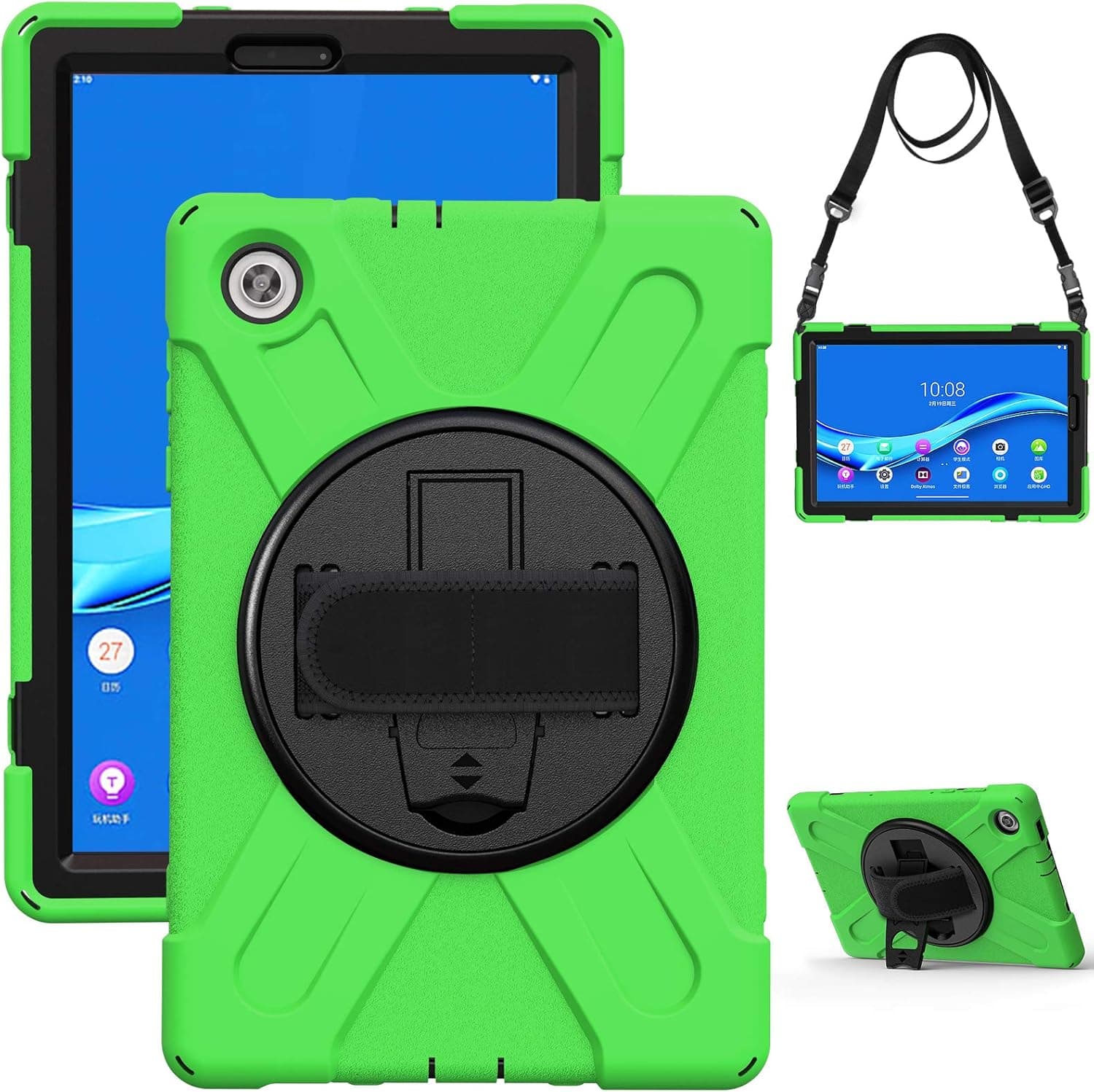 Sfulatdc Compatible with Lenovo Tab M10 Plus 10.3 Case,Heavy Duty Rugged Full Body Cover with 360 Rotating Strap and Stand for M10 Plus Green