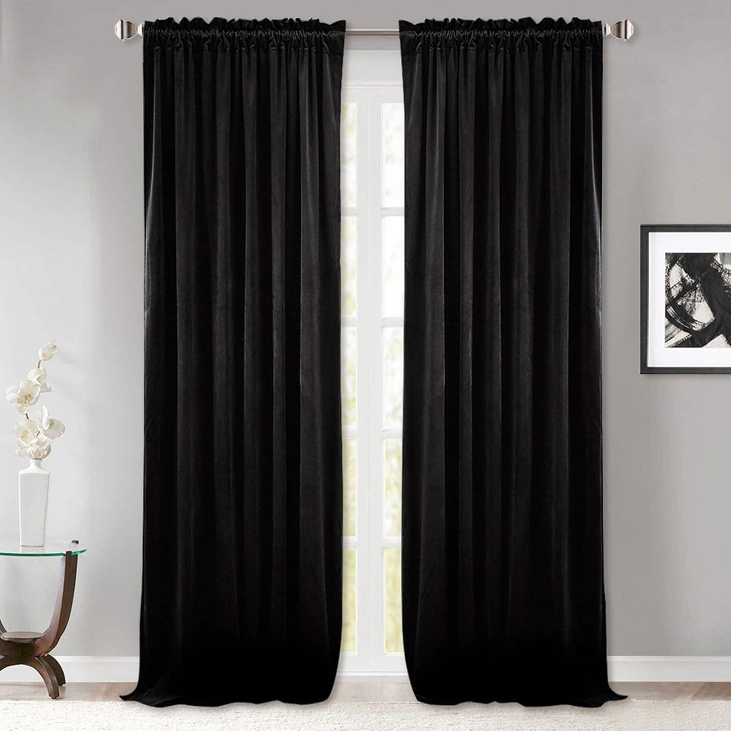 StangH Black Velvet Curtains 108 inches Long - Thermal Blackout Window Treatment Privacy Drapes with Dual Rod Pocket for Living Room/Basement Backdrops, 52 x 108 inches, 2 Panels