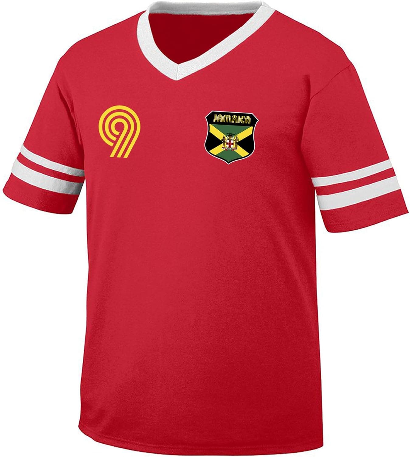 Amdesco Jamaica Soccer Style Crest and Number Men's Retro Soccer Ringer T-Shirt