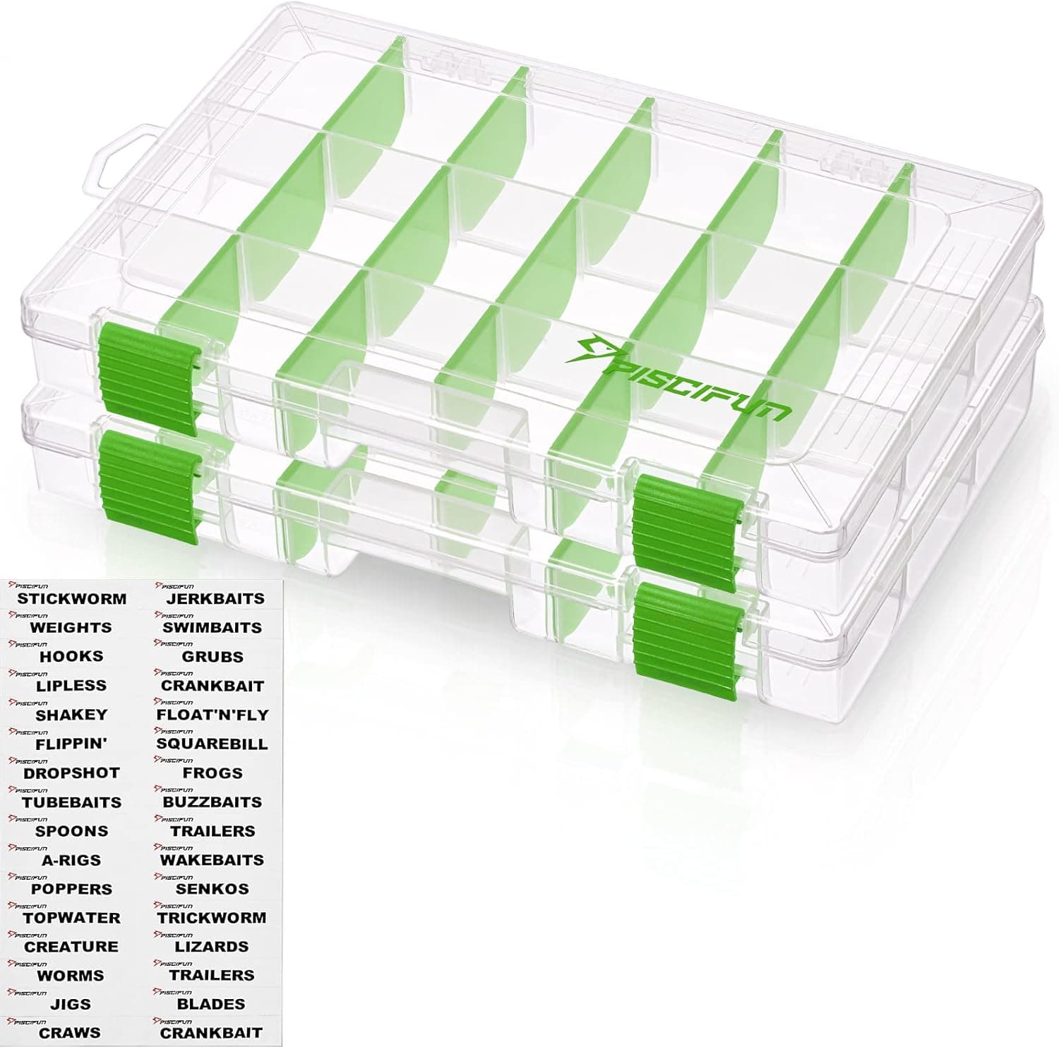 Piscifun Fishing Tackle Boxes with Waterproof Labels, Fishing Storage Tackle Trays with Removable Dividers, 3600/3700 BPA-Free Plastic Clear Storage Organizer Boxes for Lures, 2 Packs/ 4 Packs