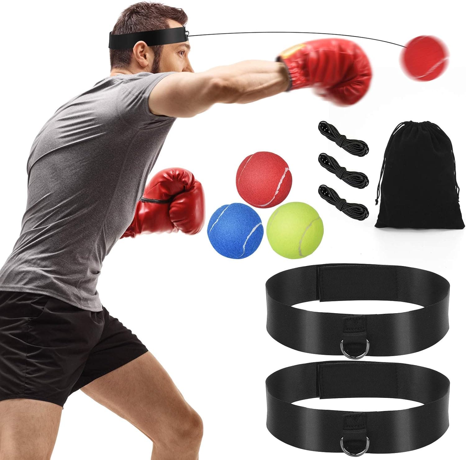 Mdikawe Boxing Ball Reflex Training Set, Tennis Material 3 Color with Adjustable Headband, Suitable for Boxing/Sparring/Kickboxing Training, Rubber Ball Suitable for Beginners