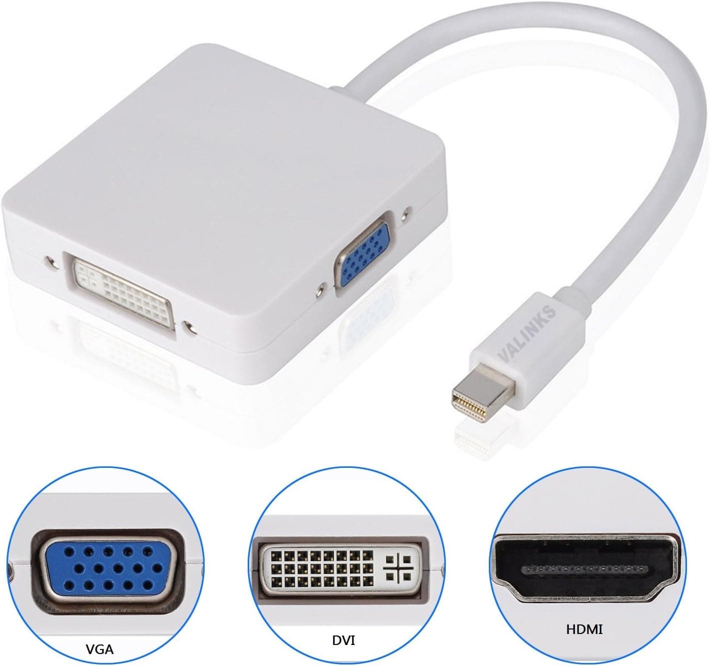 Valinks(TM) Mini DisplayPort Mini DP (Thunderbolt) to DVI VGA HDMI TV AV HDTV Adapter Cable 3 in1 for Mac Book, iMac, Mac Book Air, Mac Book Pro, and Mac mini (White)