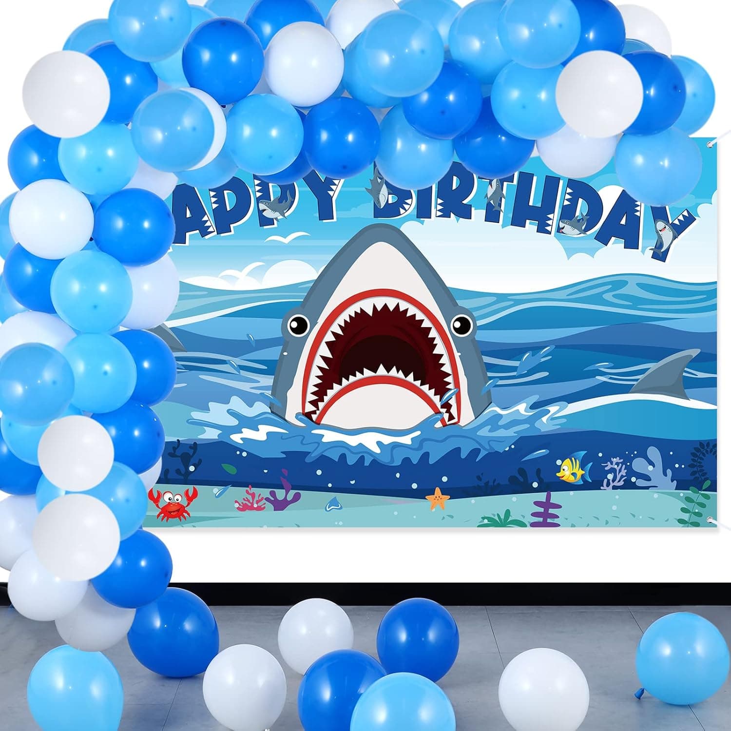 Charnoel 61 Pcs Shark Party Decorations Backdrop Banner, Birthday Balloons Under the Sea Zone Photography Background for Boy Girl Ocean Animal Theme Supplies Baby Shower, White, 43.31 x 72.83 inches
