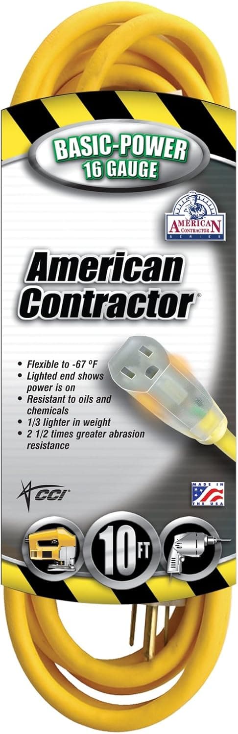 Coleman Cable 01294 16/3 Contractor Extension Cord with Lighted End, 10-Feet