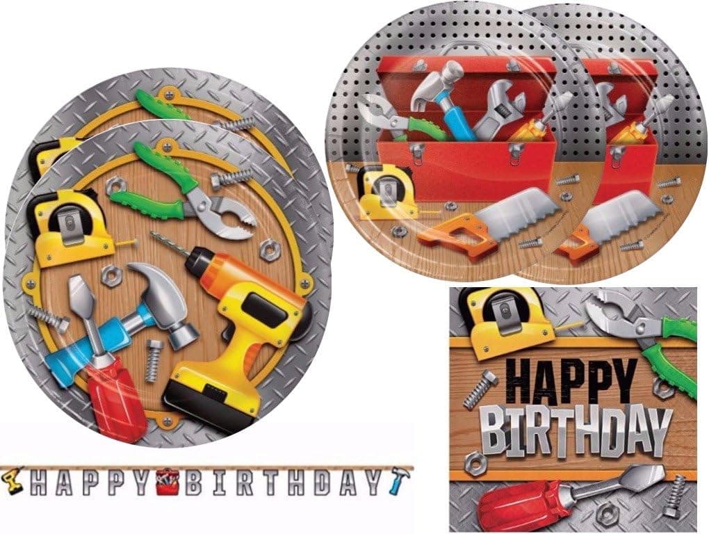 Handyman Birthday Party Pack Includes Plates, Napkins and Jointed Banner for 16 Guests