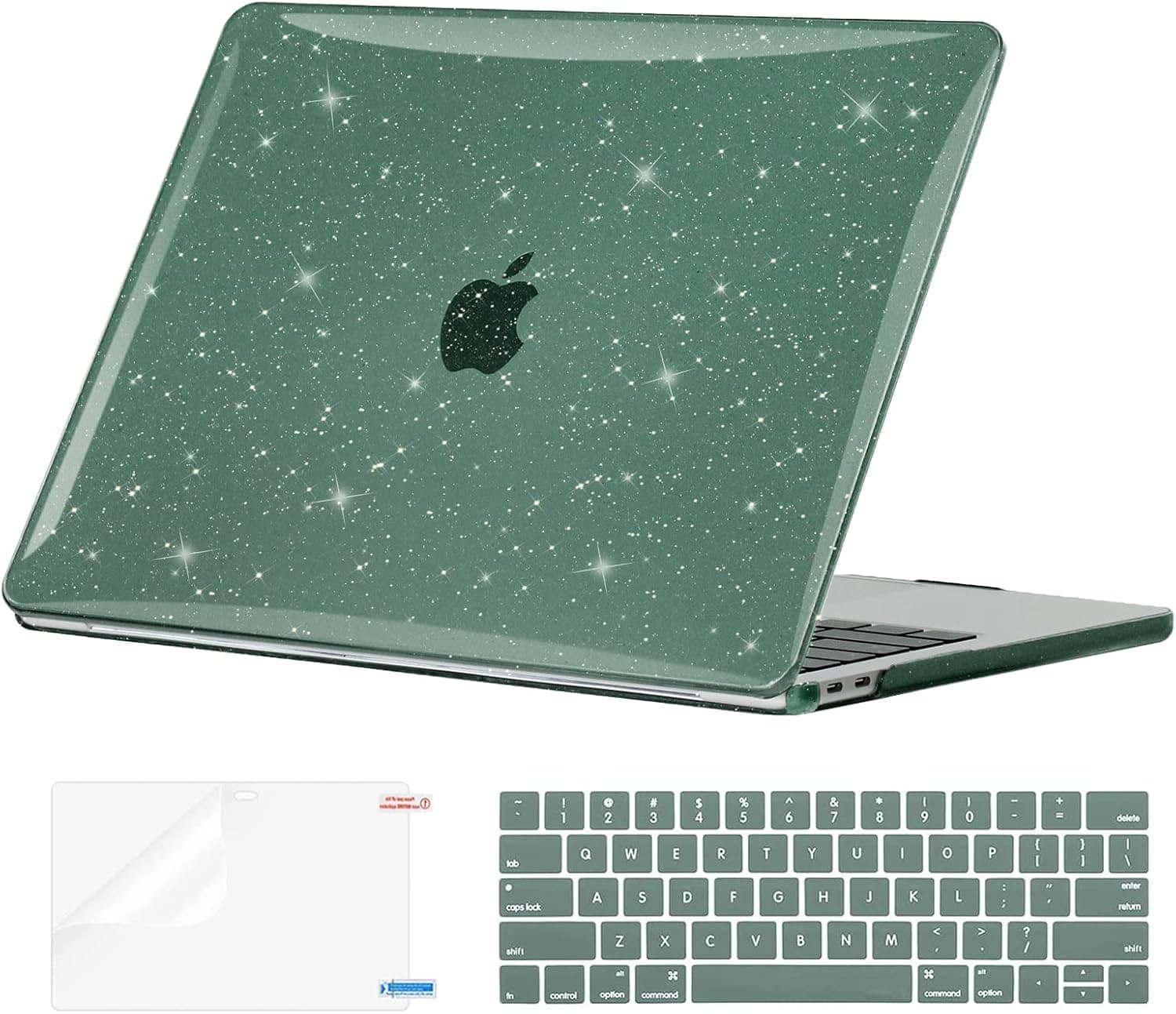 EooCoo Compatible with MacBook Pro 13 inch Case 2023 2022 M2 2021 2020 M1 A2338 A2289 A2251 A2159 A1989 A1706 A1708 Sparkly Hard Case with Keyboard Cover, Screen Protector - Glitter Midnight Green