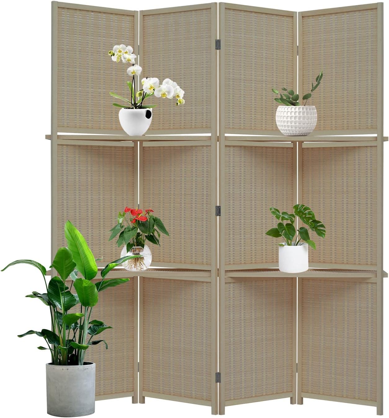 Kinsuite Room Divider 4-Panel Natural Bamboo Wood Privacy Screen with 2 Removable Storage Shelves, Folding Room Separators for Living Room Bedroom Study Office