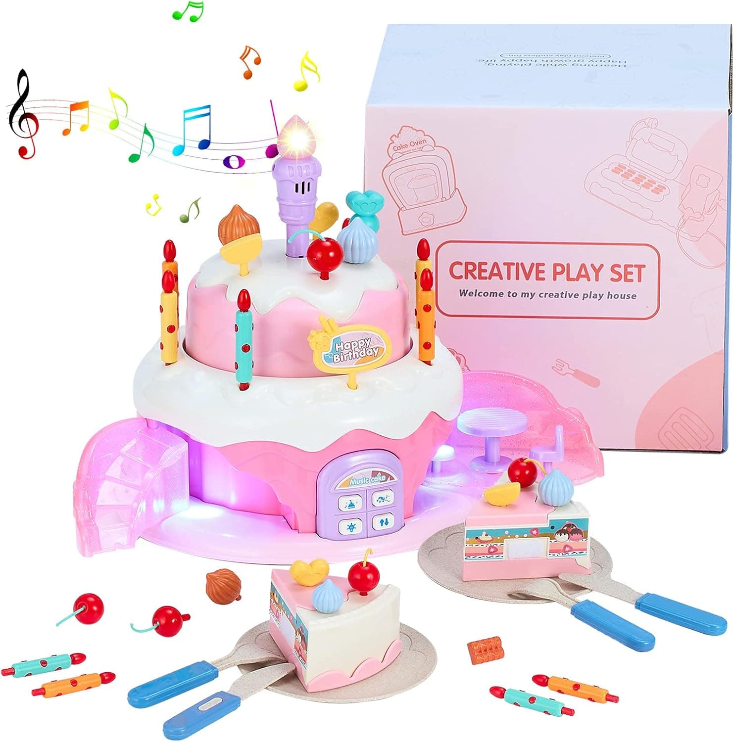 KOVA 50/0ff Cake Toys for Girls, 30Pcs Role Play Food Sets for Children, DIY Birthday Cake Toy Set with Candles Fruits Creams, Light and Music, Pretend Play Cutting Toys for 3 Years Old Gift for Kids