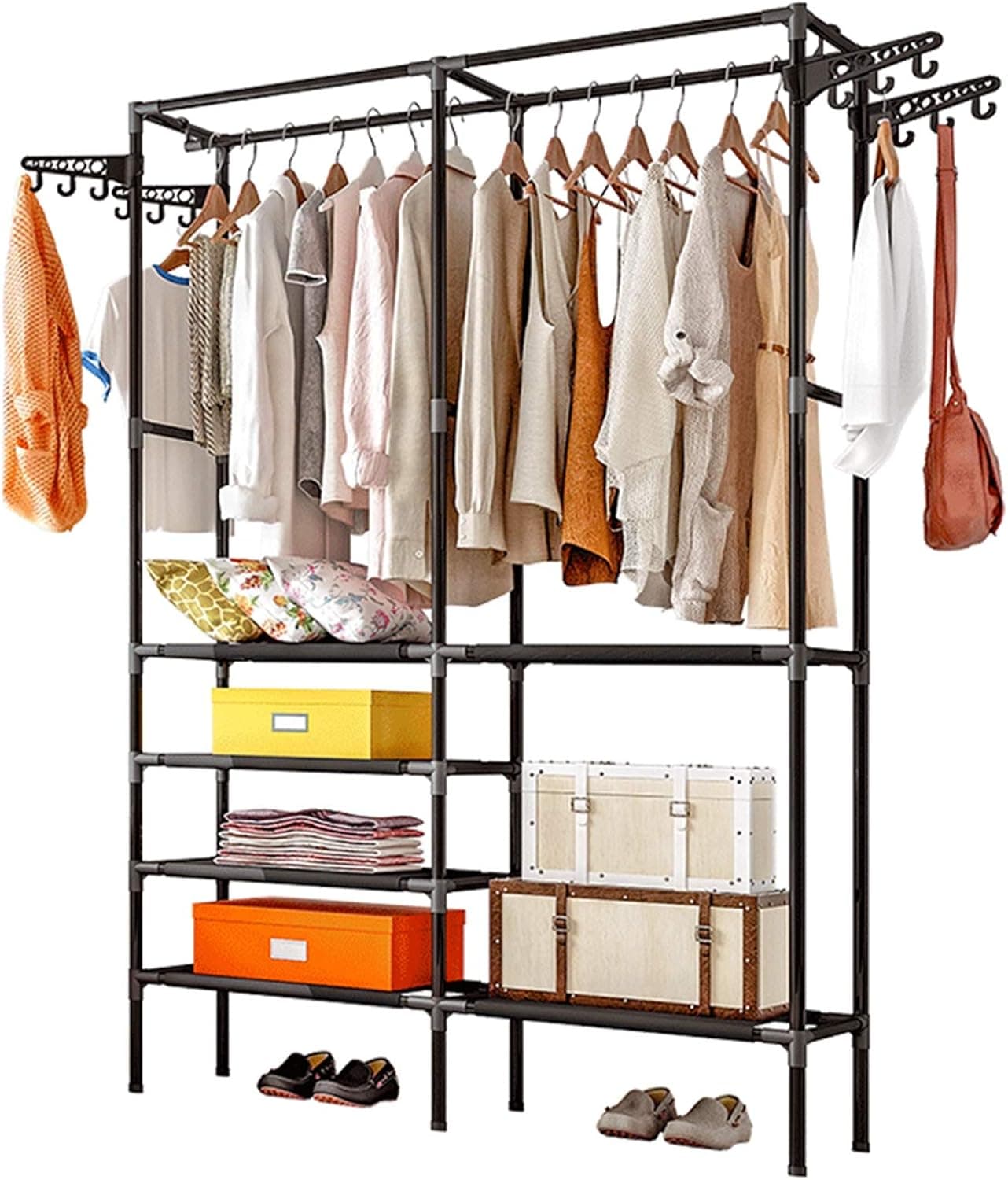 Untyo Clothing Rack 5 Tiers Clothes Rack with 12 Side Hooks Portable Wardrobe Closet (Black)