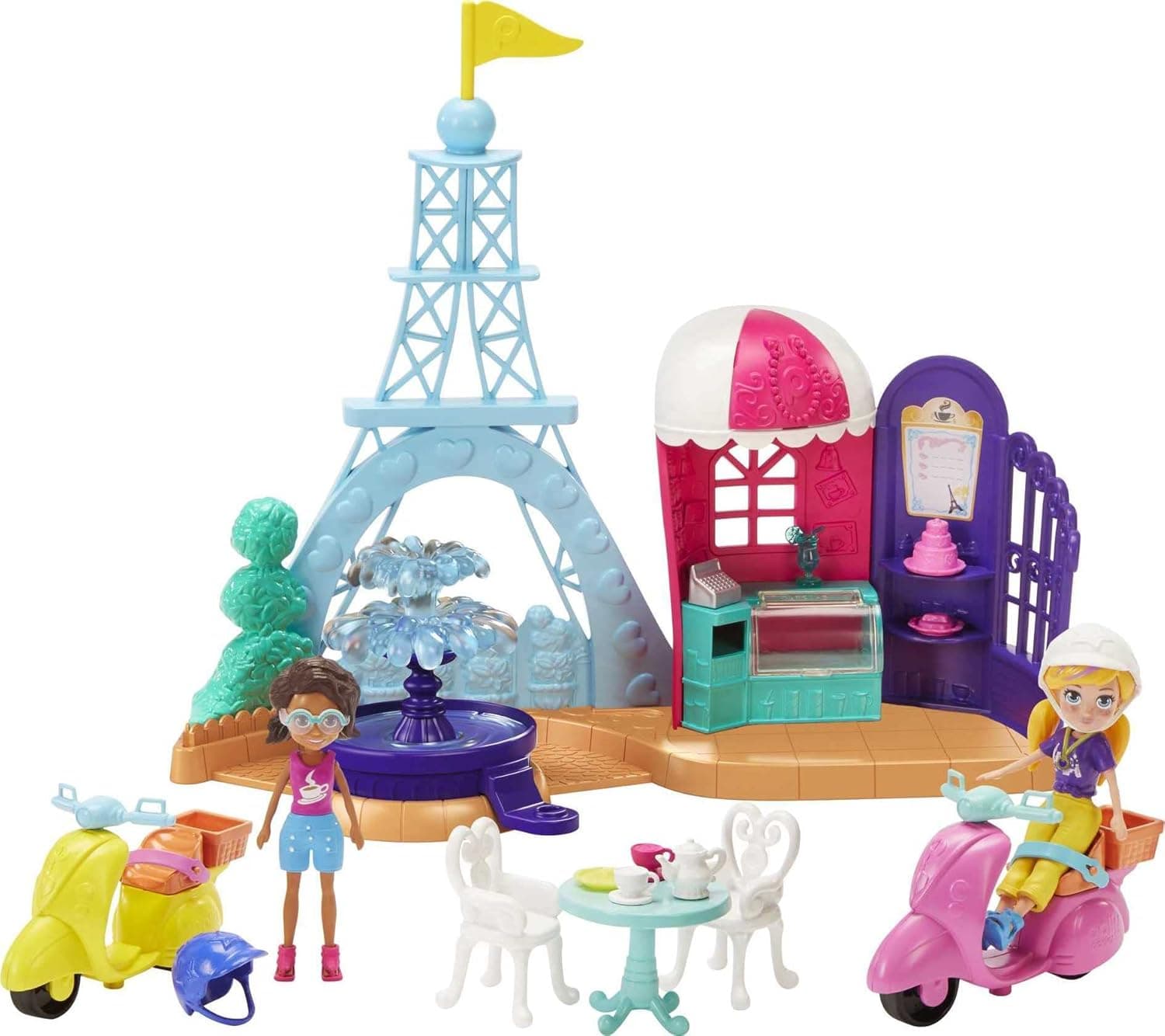 Polly Pocket Perfectly Paris Playset with 3-in/7.62-cm Polly & Shani Dolls, 2 Scooters, 2 Helmets, Eiffel Tower, Fountain, Cafe, Table & 2 Chairs; For Ages 4 Years Old & Up [Amazon Exclusive]