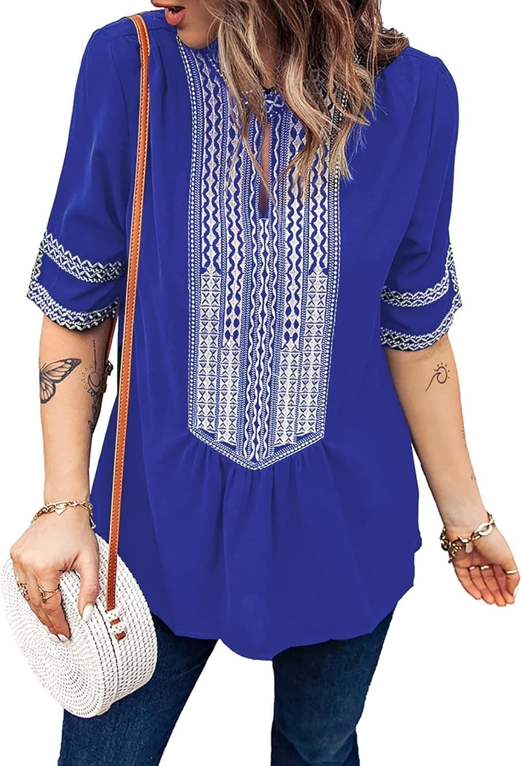 Chase Secret Womens Casual V Neck Shirt Boho Embroidered Print Short/Long Sleeve Tops Loose Blouse (S-XXL)