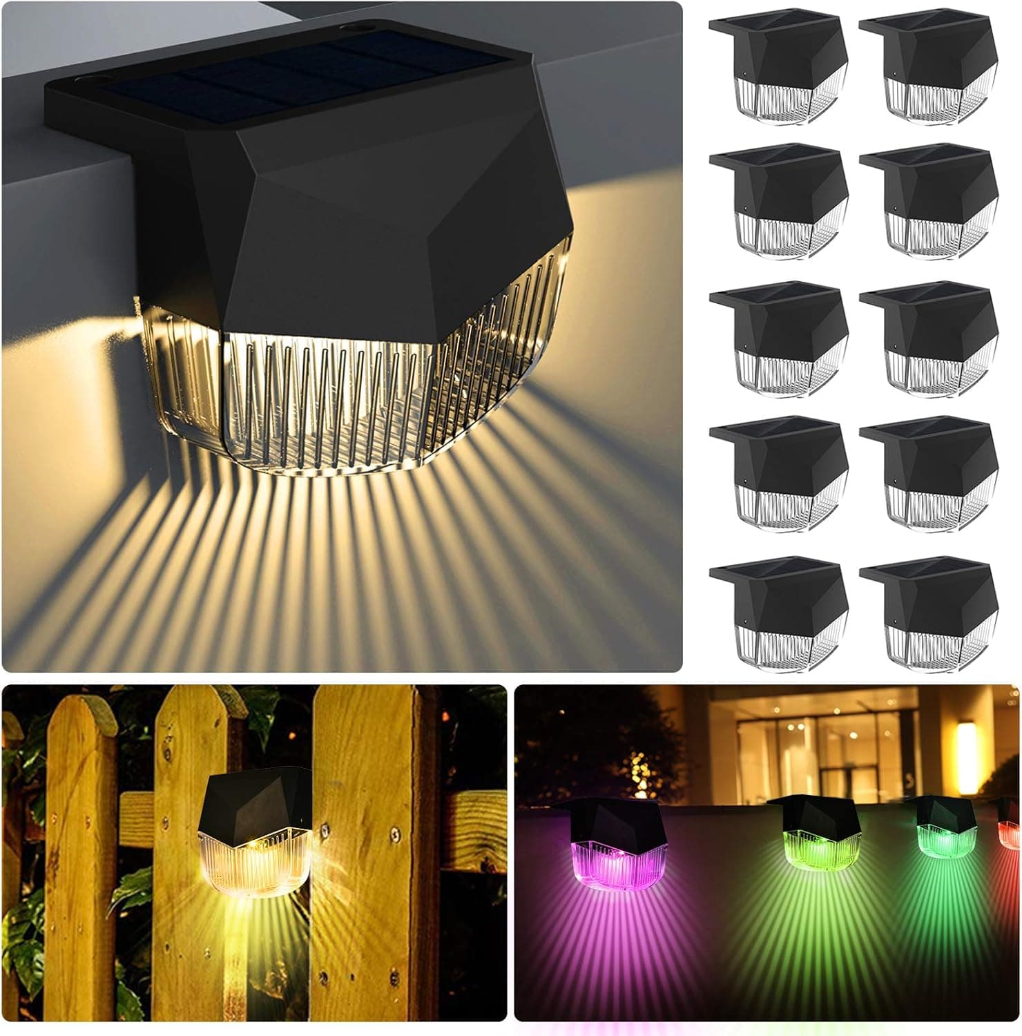 Lingkai Solar Deck Light for Steps 10 Pack Stair Solar Lights Outdoor Color Changing Solar Fence Lighting IP65 Waterproof for Patio, Yard, Garden Pathway