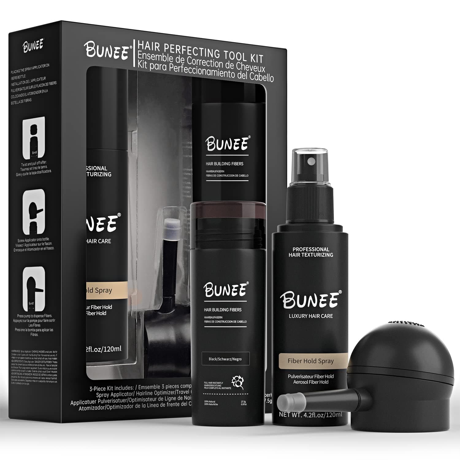 3-in-1 Hair Building Fiber for Thinning Hair with Spray & Applicator | Black Hair Thickener for Women & Men | Natural & Long Lasting