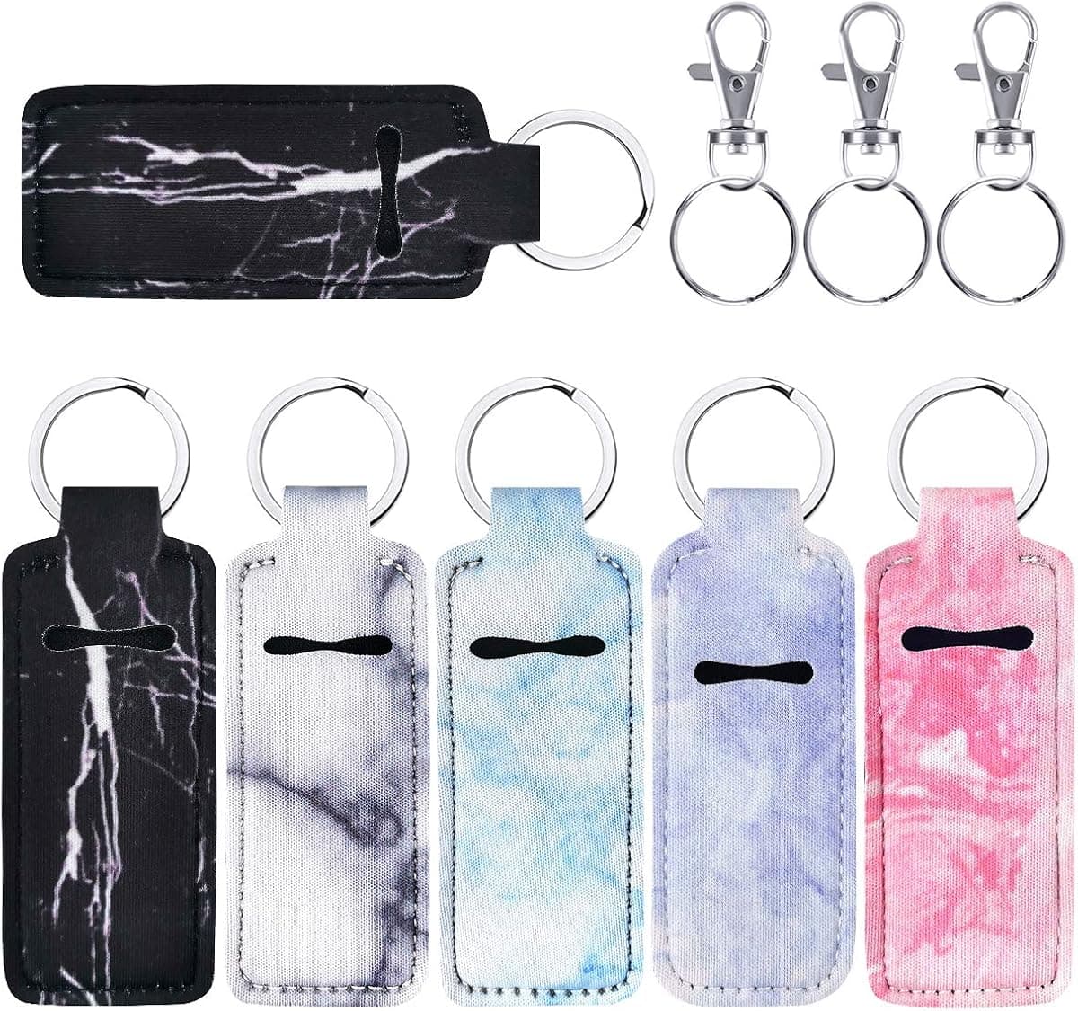 6Pcs Lipstick Balm Holder Keychains Neoprene Chapstick Holder Keychain with 3 Pcs Key Chains for Chapstick Tracker Safeguard