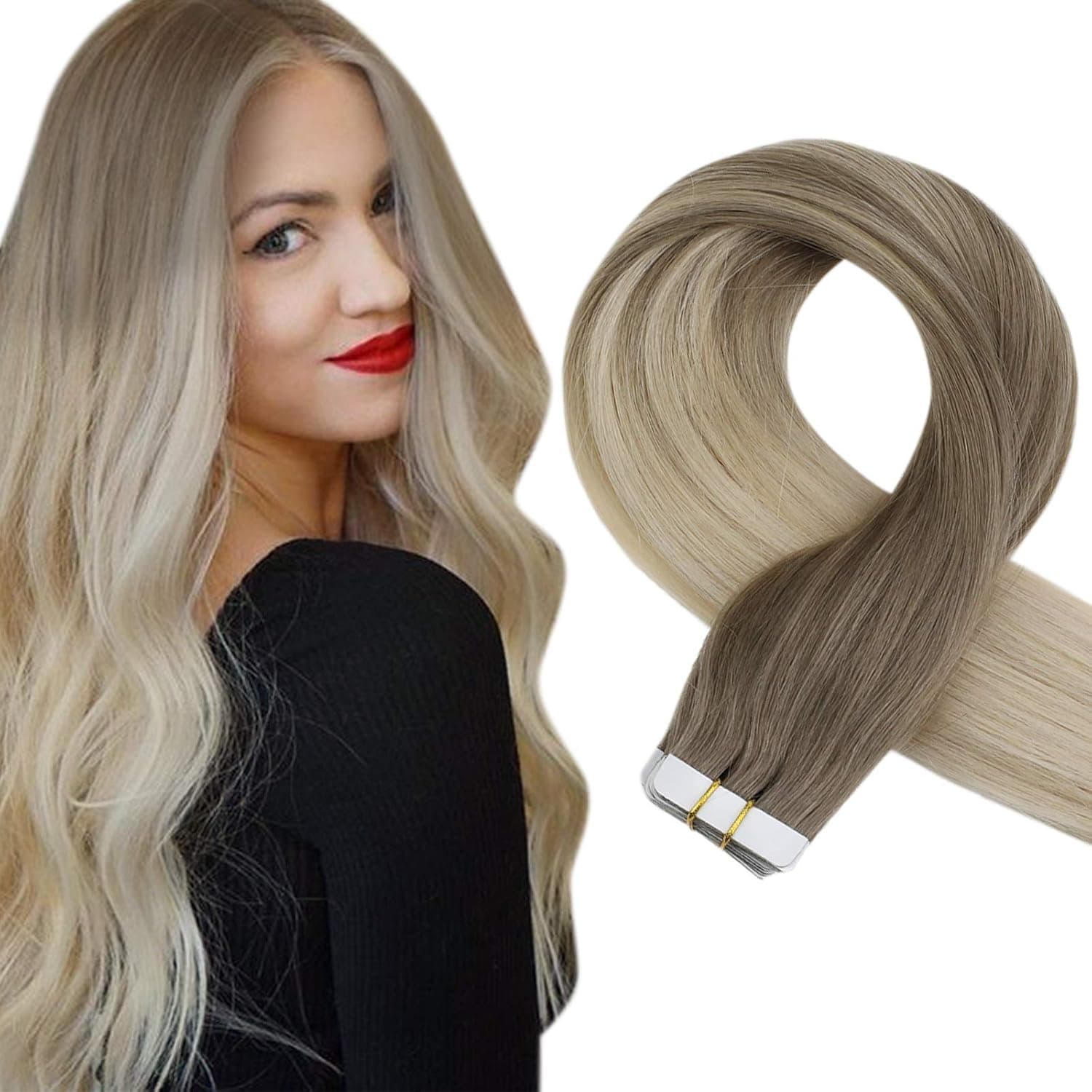 Sunny Tape in Extensions Ombre Blonde #14 Golden Blonde to #60 Platinum Blonde Ombre Hair Extensions Tape in Human Hair Balayage Remy Hair 20pcs/50g 16inch